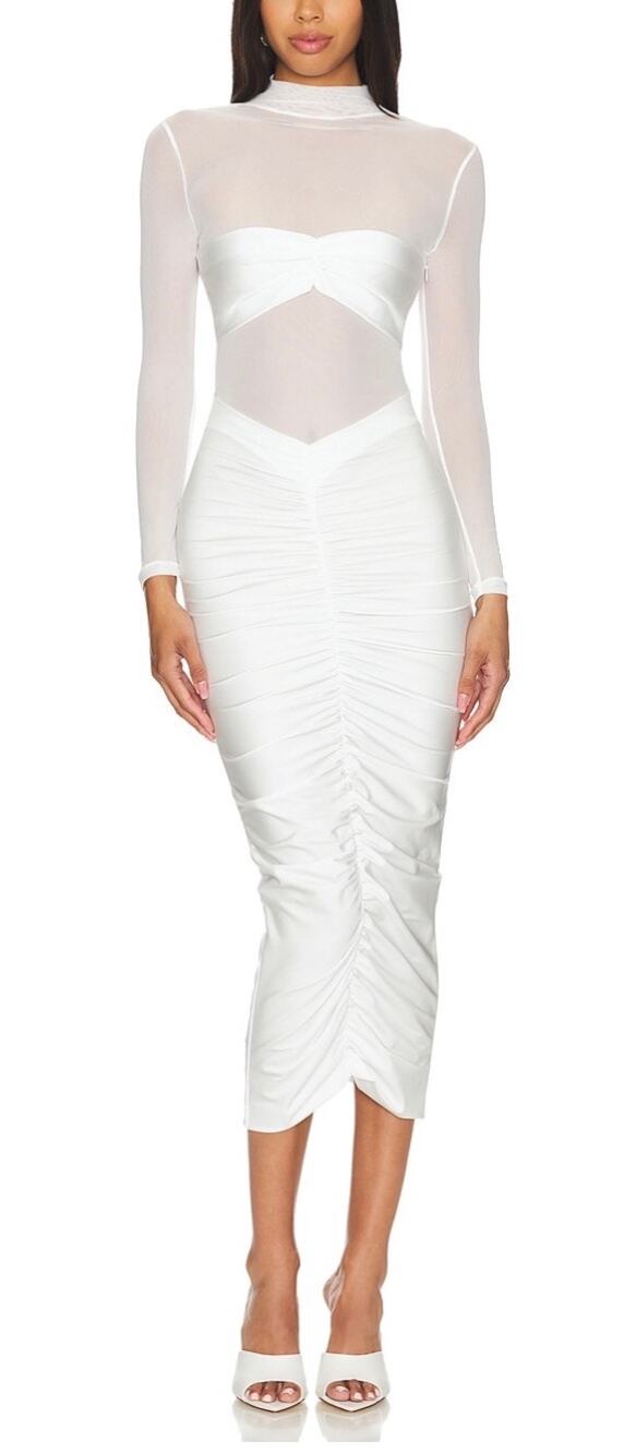 Seroya Levina Midi Dress White Mockneck Sheer Mesh Paneling New size XS